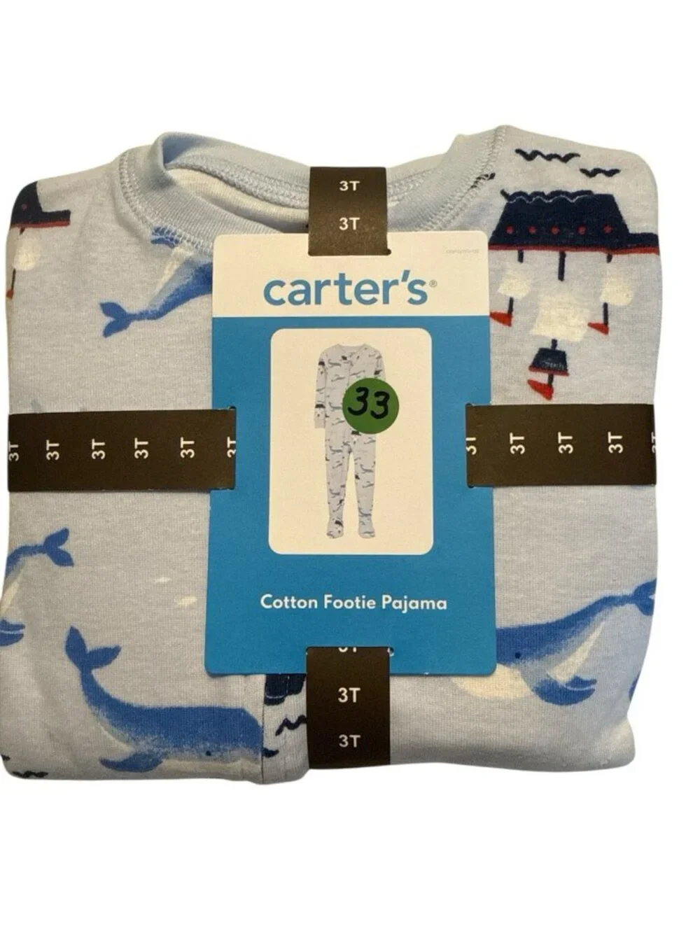 Carter's Cotton Footie Pajamas-Whales And Ships-Light Blue/Multicolor-Size 3T